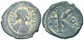 JUSTIN I.518-527 AD.Nicomedia mint.AE Half follis.DN IVSTINVS PP AVG, pearl diademed, draped, cuirassed bust right. / Large K, N-I to left and right o...