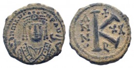 MAURICE TIBERIUS.582-602 AD.Antioch mint.AE Half Follis.DN MAV G I CN P AVG, Bust facing, wearing crown with trefoil ornament, and consular robes; in ...