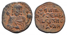 ROMANUS I.920-944 AD.Constantinople mint.AE Follis.+ RωmAn? bASILЄVS Rωm; crowned bust of Romanus I facing wearing chlamys; holding transverse labarum...