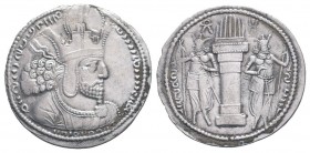 SASANIAN KINGS.Shahpur I. 240-272 AD. AR Drachm. Bust right, wearing diadem and mural crown with korymbos / Fire altar; flanked by two attendants wear...