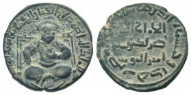 AYYUBID. Al Nasir Yusuf I ( Saladin ).1169-1193 AD.No mint. 586 AH.AE Dirham.Male enthroned facing, holding globus; name and titles of Al Nasir I Sala...