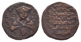 AYYUBIDS.al Adil I Sayf al Din Ahmad.1193-1200 AD.Mayyafariqin Mint.591 AH. AE Fals.Crowned and draped bust facing / Kalima and name of Abbasid caliph...