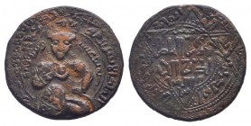 AYYUBID.al Ashraf Musa.1210-1220 AD.Mayyafariqin mint.608 AH. AE Dirham.Turbaned prince seated facing, right leg drawn up, holding globe in right hand...