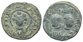 ARTUQID of MARDIN.Najim al-Din Alpi.1152-1176 AD.No mint & No Date.AE Dirhem.Female head facing; name, title, and genealogy of Najm al-Din Alpi around...
