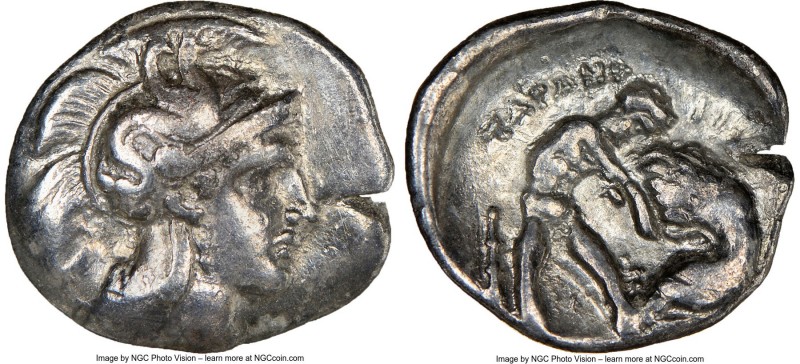 CALABRIA. Tarentum. Ca. 380-280 BC. AR diobol (13mm, 7h). NGC Choice VF. Ca. 325...