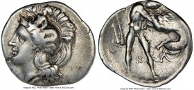 CALABRIA. Tarentum. Ca. 380-280 BC. AR diobol (13mm, 12h). NGC VF. Ca. 325-280 BC. Head of Athena left, wearing crested Attic helmet decorated with fi...