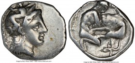 CALABRIA. Tarentum. Ca. 380-280 BC. AR diobol (12mm, 11h). NGC VF. Ca. 325-280 BC. Head of Athena right, wearing crested Attic helmet decorated with f...