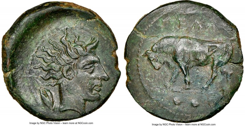 SICILY. Gela. Ca. 420-405 BC. AE tetras (17mm, 3.26 gm, 1h). NGC AU 5/5 - 2/5, s...