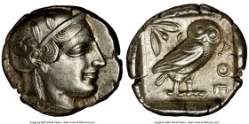 ATTICA. Athens. Ca. 455-440 BC. AR tetradrachm (25mm, 17.17 gm, 1h). NGC AU 5/5 - 4/5. Early transitional issue. Head of Athena right, wearing crested...