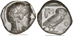 ATTICA. Athens. Ca. 455-440 BC. AR tetradrachm (22mm, 17.16 gm, 5h). NGC AU 3/5 - 4/5. Early transitional issue. Head of Athena right, wearing crested...