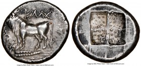 BITHYNIA. Calchedon. Ca. 387/6-340 BC. AR drachm (16mm). NGC XF. KAΛX, bull standing left on grain ear pointed right; caduceus and ΔΑ monogram to left...