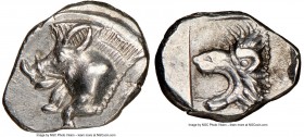 MYSIA. Cyzicus. Ca. 5th century BC. AR hemiobol(?) (8mm, 2h). NGC AU. Forepart of boar left with pelleted truncation; tunny fish upward behind / Head ...