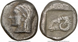 TROAS. Cebren. Ca. 5th century BC. AR diobol (10mm, 11h). NGC Choice VF. Archaic diademed female head left, with / Ram head left; within incuse square...