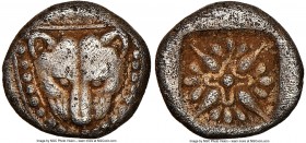 IONIA. Miletus. Ca. late 6th-early 5th century BC. AR hemiobol or 1/32 stater (7mm). NGC XF. Facing head of lion within dotted square border / Stellat...