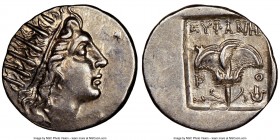 CARIAN ISLANDS. Rhodes. Ca. 88-84 BC. AR drachm (15mm, 12h). NGC Choice AU. Plinthophoric standard, Euphanes, magistrate. Radiate head of Helios right...