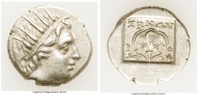 CARIAN ISLANDS. Rhodes. Ca. 88-84 BC. AR drachm (15mm, 2.66 gm, 12h). XF. Plinthophoric standard, Zenon, magistrate. Radiate head of Helios right / ZH...