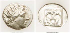 CARIAN ISLANDS. Rhodes. Ca. 88-84 BC. AR drachm (15mm, 2.45 gm, 12h). Choice XF. Plinthophoric standard, Nicephorus, magistrate. Radiate head of Helio...