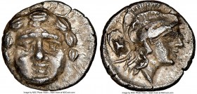 PISIDIA. Selge. Ca. 4th century BC. AR obol (10mm, 8h). NGC AU. Head of gorgoneion facing with flowing hair / Head of Athena right, wearing crested, w...