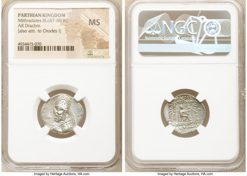 PARTHIAN KINGDOM. Mithradates III (ca. 87-80 BC). AR drachm (21mm, 12h). NGC MS....