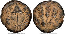 JUDAEA. Herodians. Agrippa I (AD 37-44). AE prutah (17mm, 12h). NGC VF. Dated Regnal Year 6 (AD 41/2). BACIΛEΩC AΓPIΠA, umbrella-like canopy / Three g...