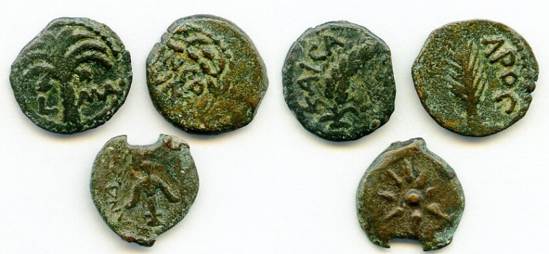 ANCIENT LOTS. Judaea. AD 1st century. Lot of three (3) AE prutahs. Fine. Include...