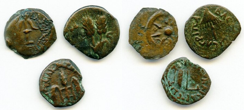 ANCIENT LOTS. Judaea. AD 1st century. Lot of three (3) AE prutahs. Fine. Include...