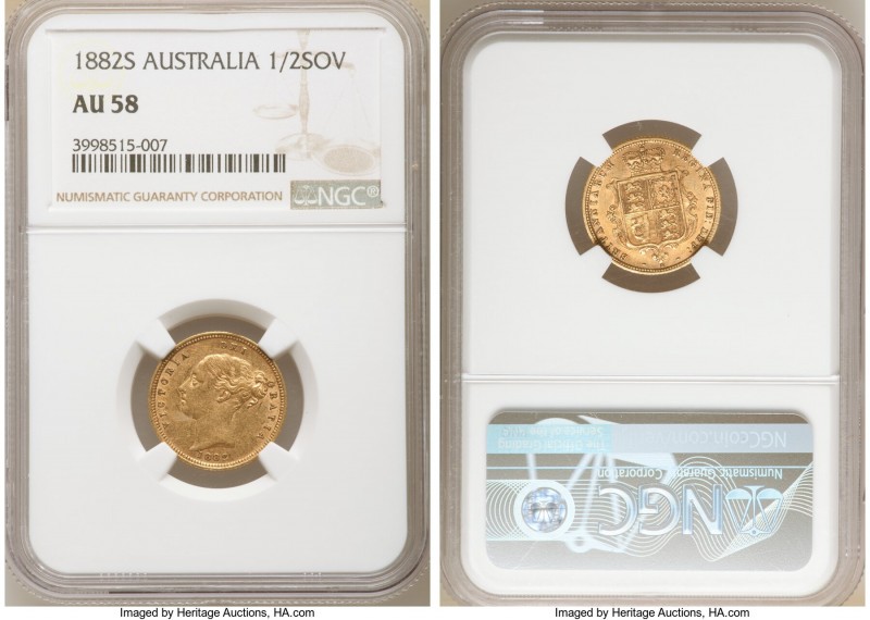 Victoria gold 1/2 Sovereign 1882-S AU58 NGC, Sydney mint, KM5. Mintage: 52,000. ...