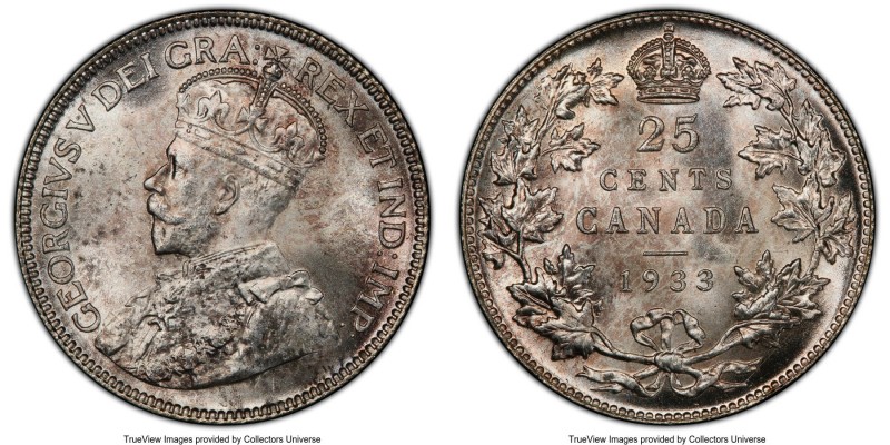 George V 25 Cents 1933 MS65 PCGS, Royal Canadian mint, KM24a. Fully deserving of...