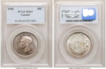 George VI 3-Piece Lot of Certified 50 Cents PCGS, 1) 50 Cents 1945 - MS63, KM36 2) 50 Cents 1952 - MS66, KM45 3) Prooflike 50 Cents 1960 - PL67, KM56 ...