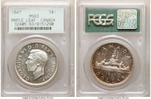 George VI "Maple Leaf" Dollar 1947 MS63 PCGS, Royal Canadian mint, KM37. A nearly untoned obverse yields to prominent lavender, peach, and cerulean to...