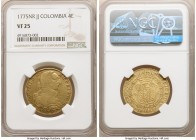 Charles III gold 4 Escudos 1775 NR-JJ VF25 NGC, Nuevo Reino mint, KM43.2. A pale-gold appearance populates this well-circulated specimen.

HID098012...