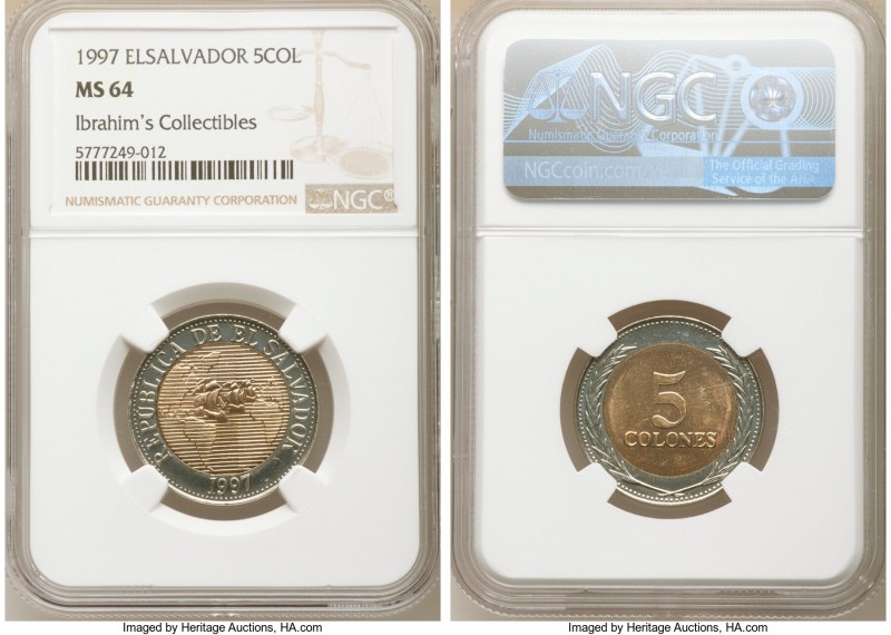 Republic 5 Colones 1997 MS64 NGC, Viridian mint, KM162. Bimetallic bronze plated...