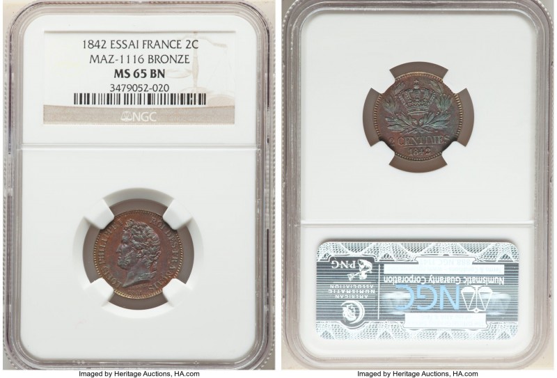 Louis Philippe I bronze Essai 2 Centimes 1842 MS65 Brown NGC, Maz-1116. Floresce...