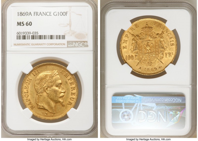 Napoleon III gold 100 Francs 1869-A MS60 NGC, Paris mint, KM802.1. AGW 0.9334 oz...