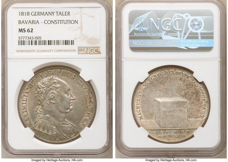 Bavaria. Maximilian I Joseph "Constitution" Taler 1818 MS62 NGC, Munich mint, KM...