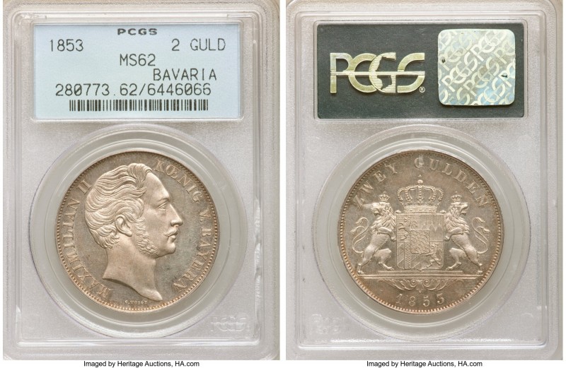 Bavaria. Maximilian II 2 Gulden 1853 MS62 PCGS, KM828. Argent and peach toned se...