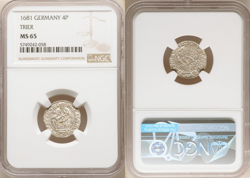 Trier. Johann Hugo 4 Pfennig 1681 MS65 NGC, KM138. A captivating steely gem.

...