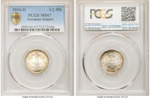 Wilhelm II 1/2 Mark 1916-D MS67 PCGS, Munich mint, KM17. Lustrous Gem with amber tone. 

HID09801242017

© 2020 Heritage Auctions | All Rights Res...