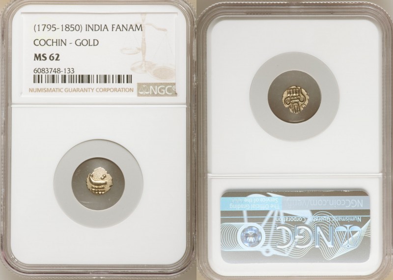 Cochin 10-Piece Lot of Certified gold Fanams ND (1795-1850) MS62 NGC, KM10. Sold...