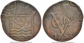 United East Indies Company Mint Error - Double Struck Duit 1753 XF40 Brown NGC, KM70. Zeeland issue. Double-struck with the second strike 75% off-cent...