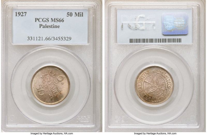 British Mandate 50 Mils 1927 MS66 PCGS, London mint, KM6. First year of type. Re...