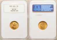 Nicholas II gold 5 Roubles 1901 MS66 NGC, St. Petersburg mint, KM-Y62. The bewitching orange-gold patina developed by this gem flashes with the turn o...