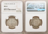 Philip V 2 Reales 1734 S-PA MS61 NGC, Seville mint, KM355. A sublime survivor exhibiting traces of original mint luster to the outer registers.

HID...