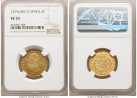 Charles III gold 2 Escudos 1776 M-PJ VF35 NGC, Madrid mint, KM417.1. Moderately circulated and boasting light russet patination to the periphery.

H...