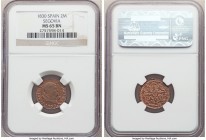 Ferdinand VII 2 Maravedis 1830 MS65 Brown NGC, KM487.1. The alluring chocolate-brown surfaces of this gem are tinged with prominent red recesses.

H...