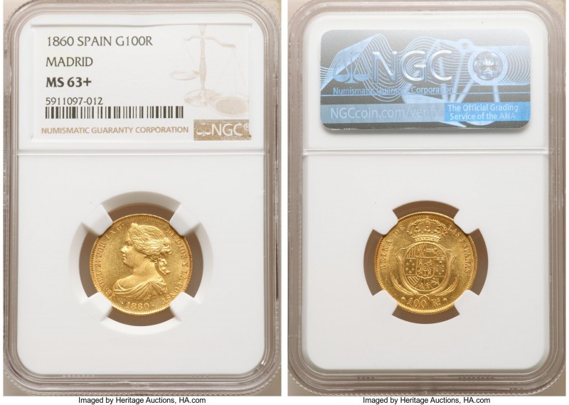 Isabel II gold 100 Reales 1860 MS63+ NGC, KM605.2. Beautifully rendered and razo...