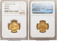 Isabel II gold 100 Reales 1860 MS63+ NGC, KM605.2. Beautifully rendered and razor-sharp, this inviting choice representative boasts semi-prooflike sur...