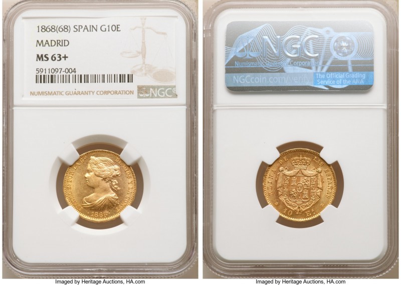 Isabel II gold 10 Escudos 1868(68) MS63+ NGC, Madrid mint, KM636.1. An attractiv...