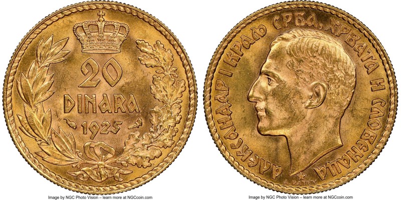 Alexander I gold 20 Dinara 1925 MS65 NGC, KM7. Enveloped in shimmering mint bril...