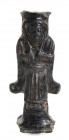 CARIATIDE ETRUSCA IN BUCCHERO
 Fine del VII - inizi del VI secolo a.C.; alt. cm 10,5; Figura femminile stante in posizione frontale con mani sul pett...
